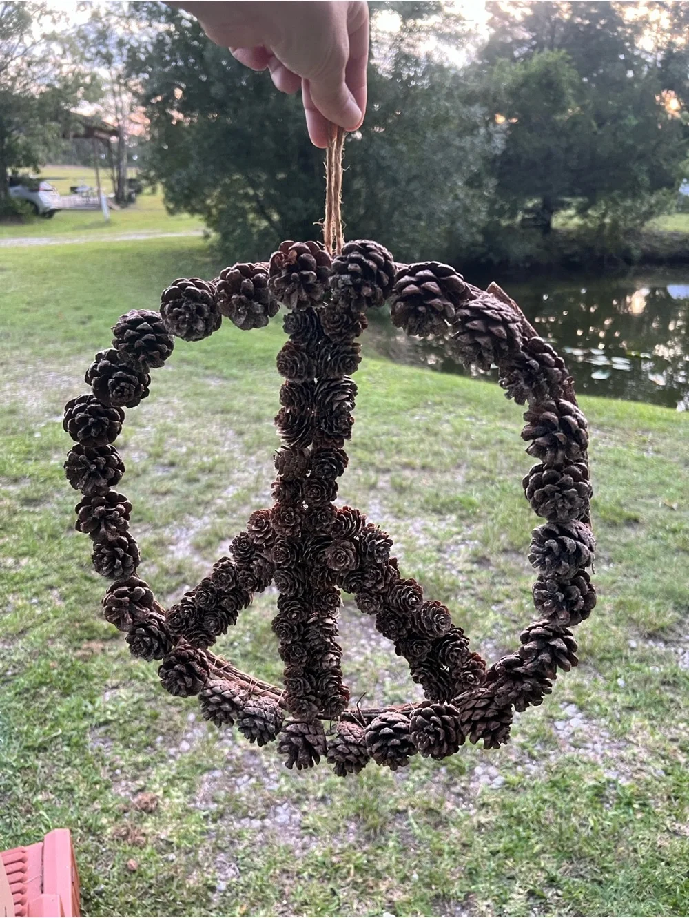 Rustic Pinecone Peace Sign Hanging Ornament - Brown